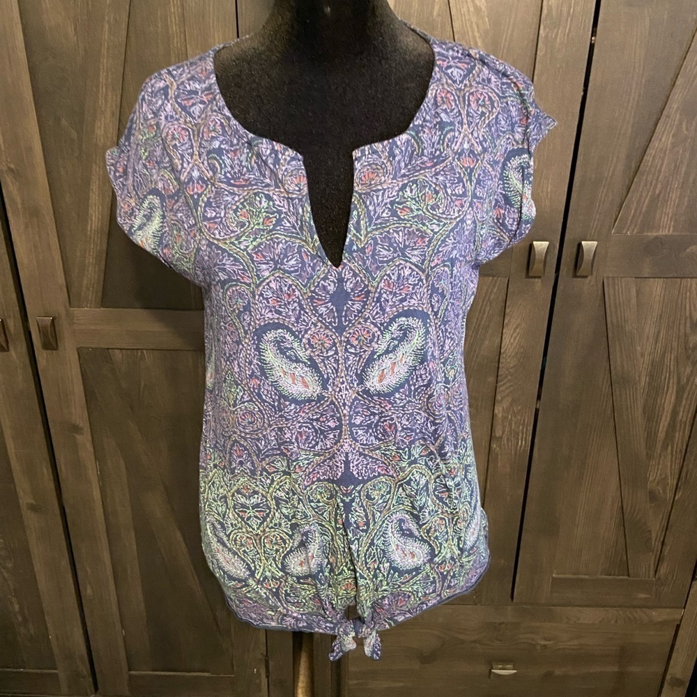 Lucky Brand Size SP Paisley Boho Short Sleeve Split Back Casual Shirt Top